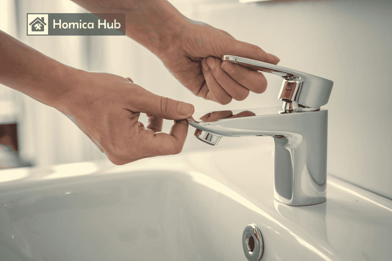 The image shows a man hands gripping and lifting a bathroom sink faucet handle that has been detached, exposing the faucet stem underneath.