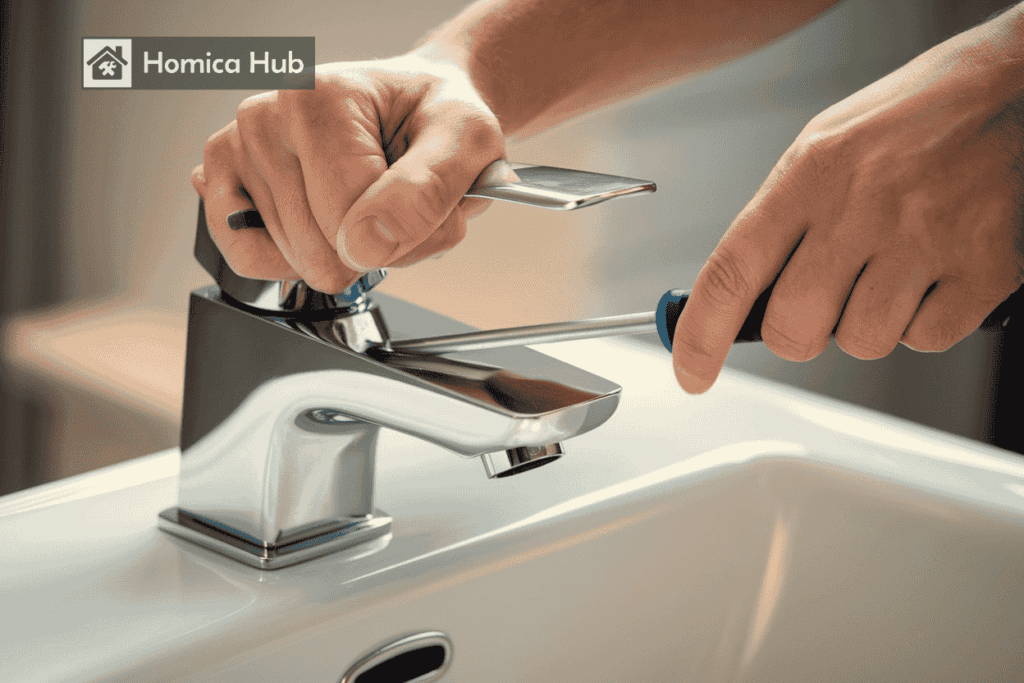 The image shows a person holding a flathead screwdriver near a bathroom sink faucet handle, preparing to check for a hidden screw beneath the handle.
