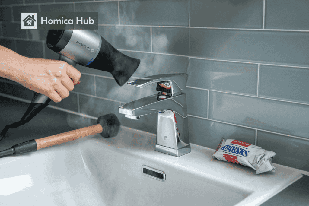 The image shows a person holding a hairdryer near a bathroom sink faucet handle to loosen it for easy removal.