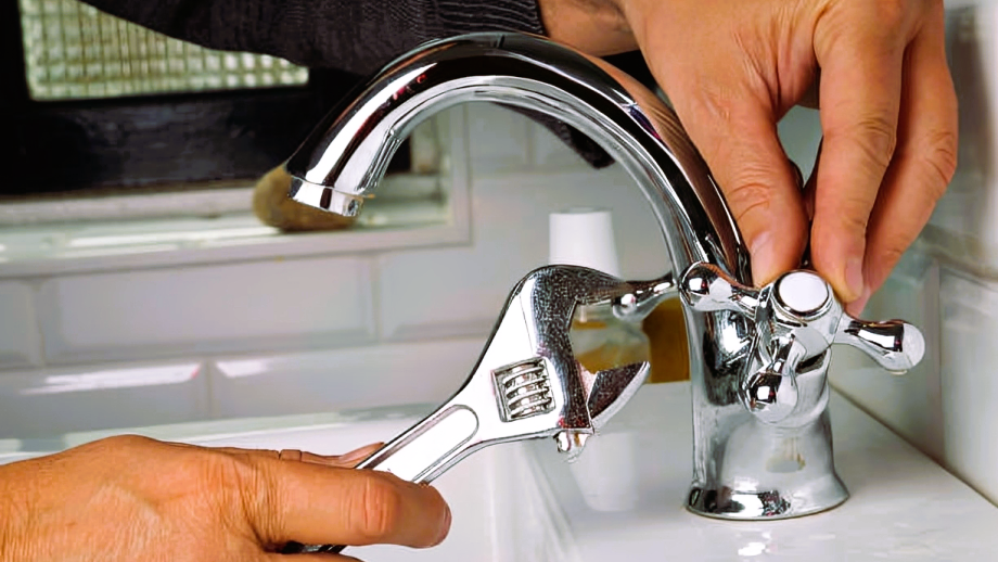 A man remove a bathroom sink faucets handle without screws.