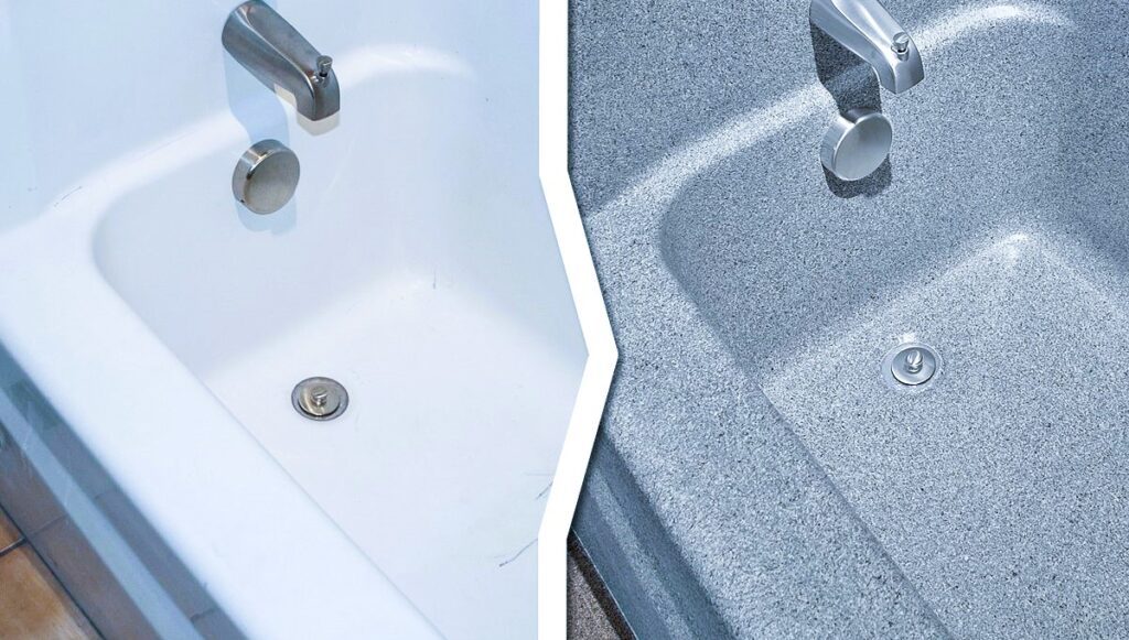 The image shows two image of bathtubs before and after shows a guideline how to renovate a bathtub.