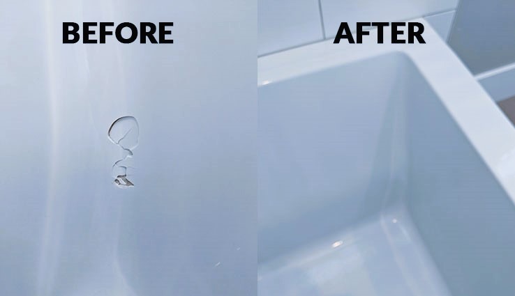 The Image shows a crack in a plastic bathtub before, and after repairing are finish by following the guide in the blog.