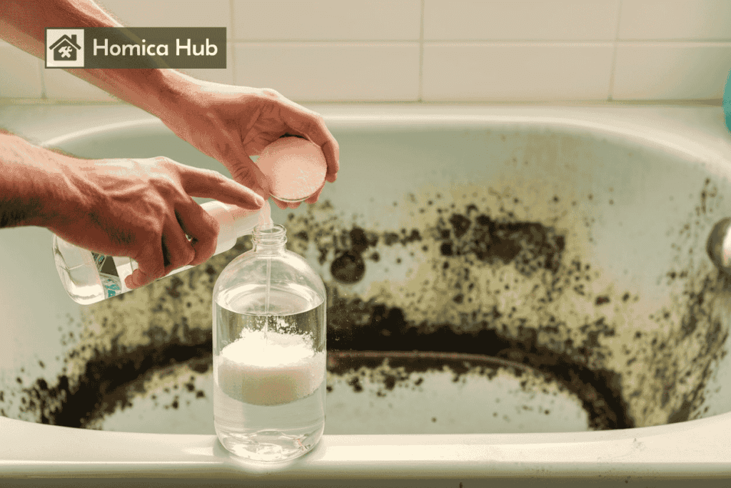 The image shows a man preparing a natural cleaning solution by adding baking soda into a spray bottle filled with vinegar and water. In the background, a pastel green bathtub has light orange-green mold in the corners and across the surface."