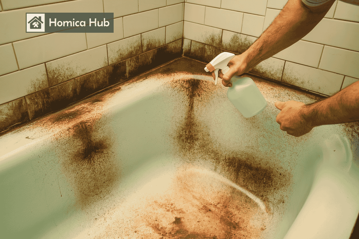 The image shows a man spraying a natural solution onto mold in the bathtub. The light orange-green mold is lightly spread across the bathtub surface and corners.