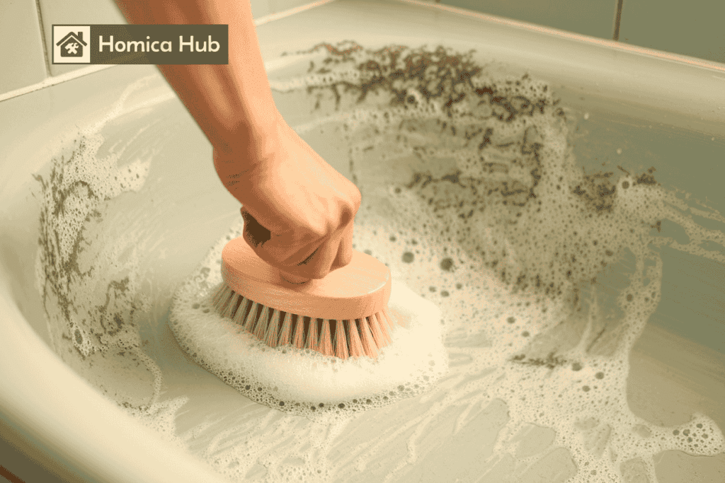The image shows a person scrubbing mold in bathtub with a hand brush. The foamy cleaning solution lifts the light orange-green mold from the surface, revealing a cleaner bathtub underneath..