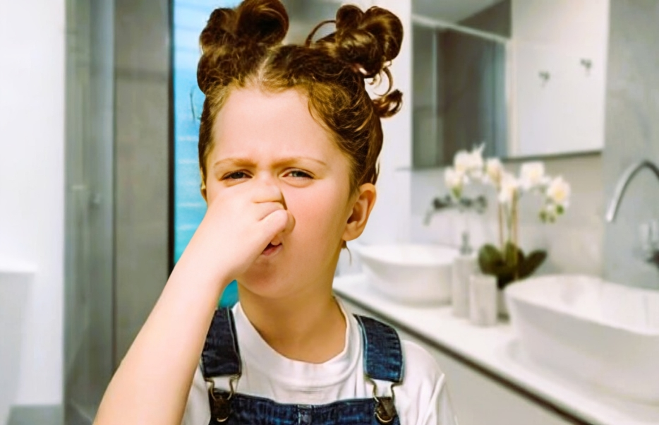 The image show a girl in bathroom when bathroom sink smell.