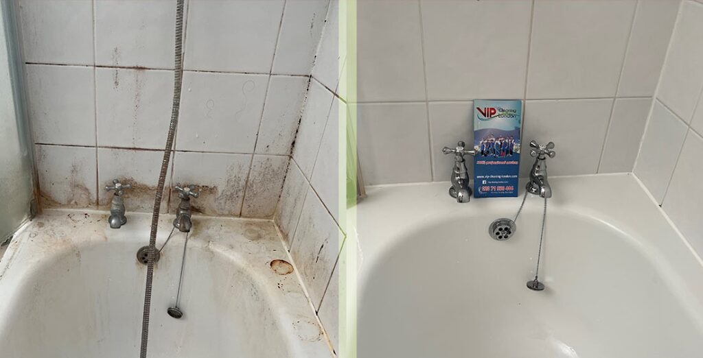 The image consist of mold in bathtub before and the bathtub cleaned after.