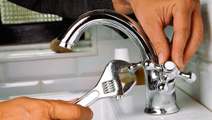 The image show a man installing a bathroom sink faucet by removing old bathroom sink faucet.