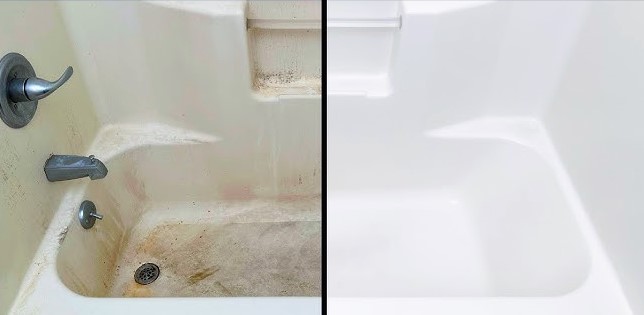 The image shows hair dye stains in bathtub. After cleaning image is also present by following the guide. 