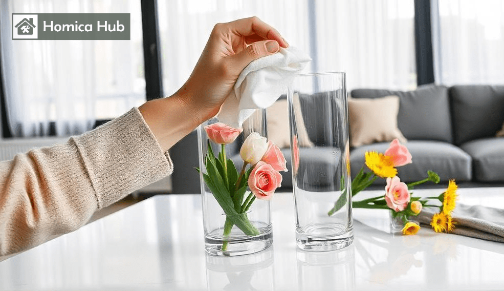 The image shows a woman cleaning the vase for putting fresh flowers.