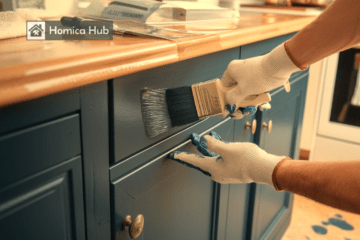The Image shows a man Repaint Kitchen Cabinets with a brush in his hand by applying navy blue color on it.