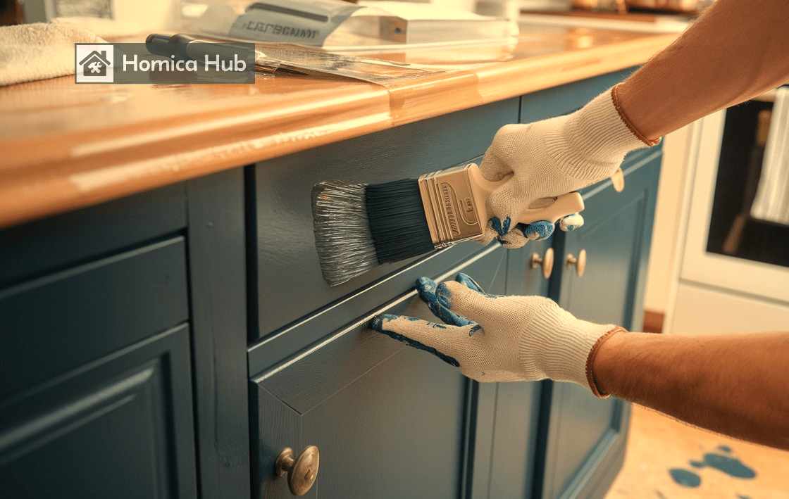 The Image shows a man Repaint Kitchen Cabinets with a brush in his hand by applying navy blue color on it.