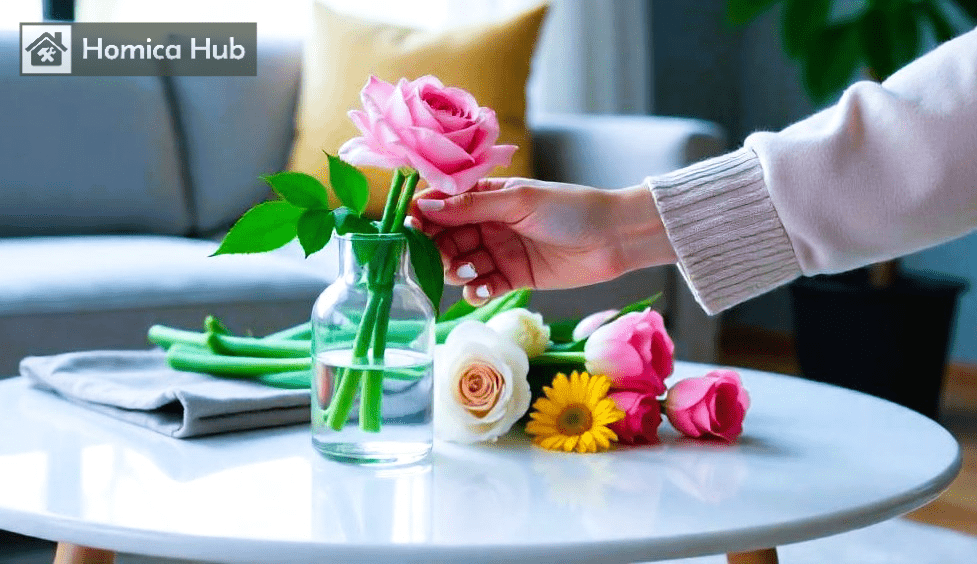 The image shows a woman choosing fresh flowers to keep in a vase.
