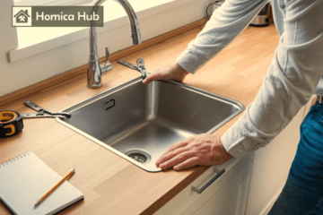 The image shows a man installing an undermount sink inside the modern kitchen. He is fixing it on the countertop.