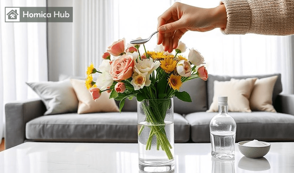 The image shows a women adding flowers food in a vase to keep the flowers fresh.