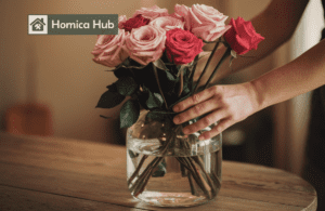 The image shows a man's hands holding a glass vase with sugar water In which roses of different colors are arranged.