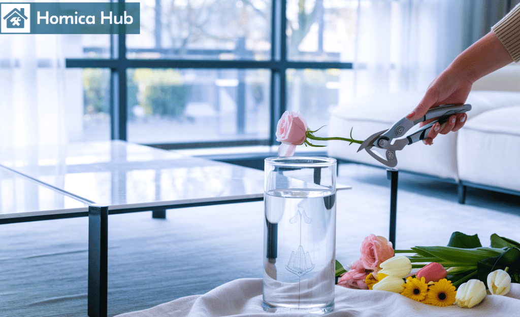 The image shows a woman cutting the stem of fresh flowers before putting it in the vase.