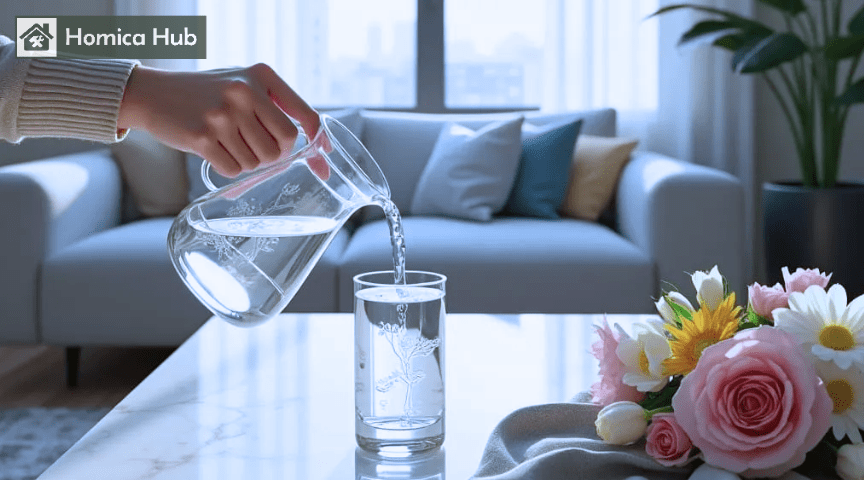 The image shows a girl putting clean water in a vase to keep fresh flowers in in it.