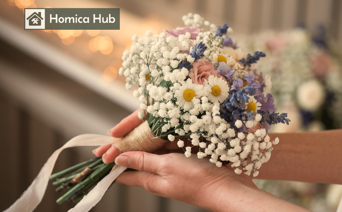 The image shows a woman's hand holding a small wedding bouquet which is full of small mix flowers.