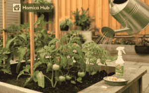 The image shows a lush, green garden bed filled with mature tomato plants, now supported by sturdy stakes. A hide man watering the plants also shown in the image.